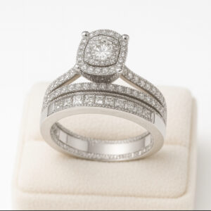 14K White Gold Cushion Halo Diamond Bridal Set