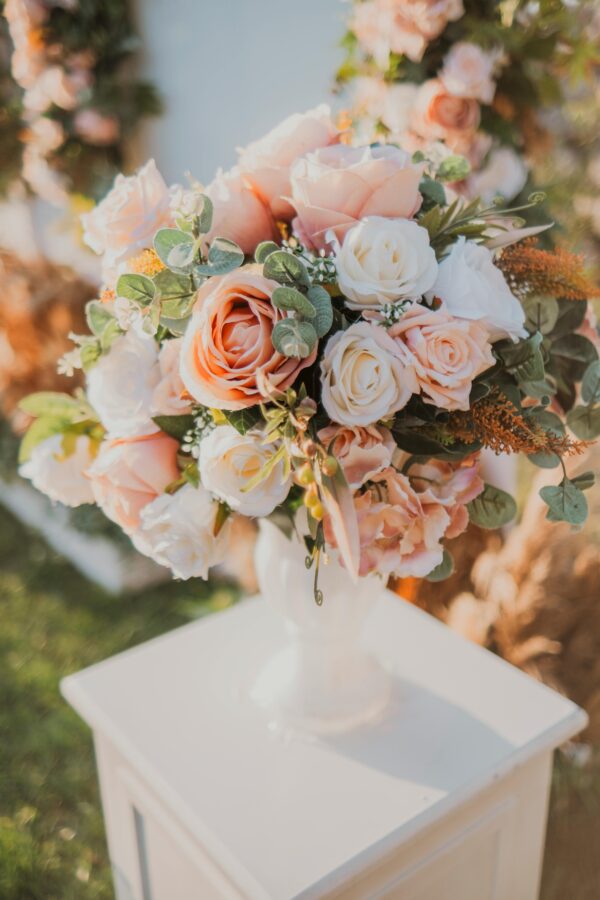 Peach & White Rose Wedding Centerpiece Arrangement